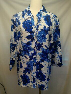 Blouse Blue White Sara Michelle Floral Button 3/4 Sleeve Size 2X